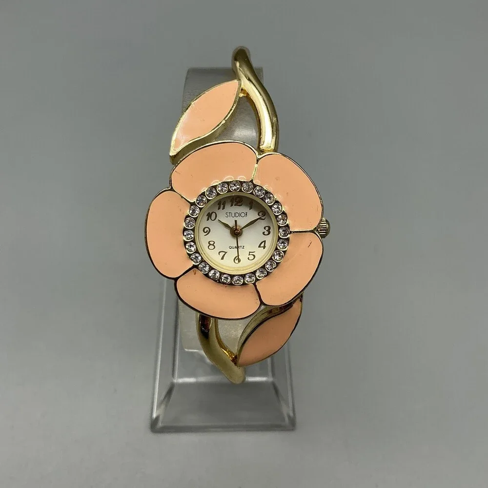 Studio Time Womens Watch 29mm Pink Flower Crystals Hinged Bangle New Batt